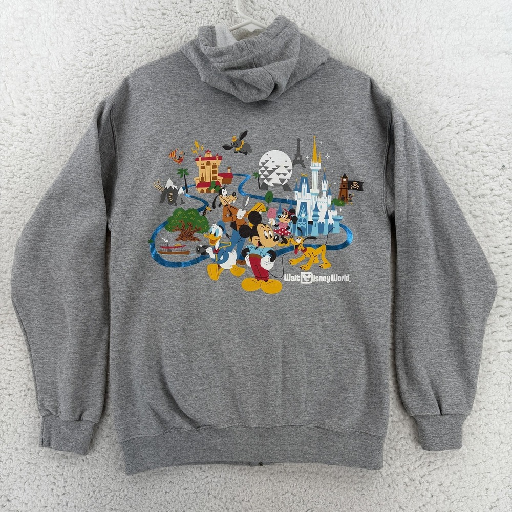 Disney Gray Pullover Hoodie with Colorful Park Character Graphic